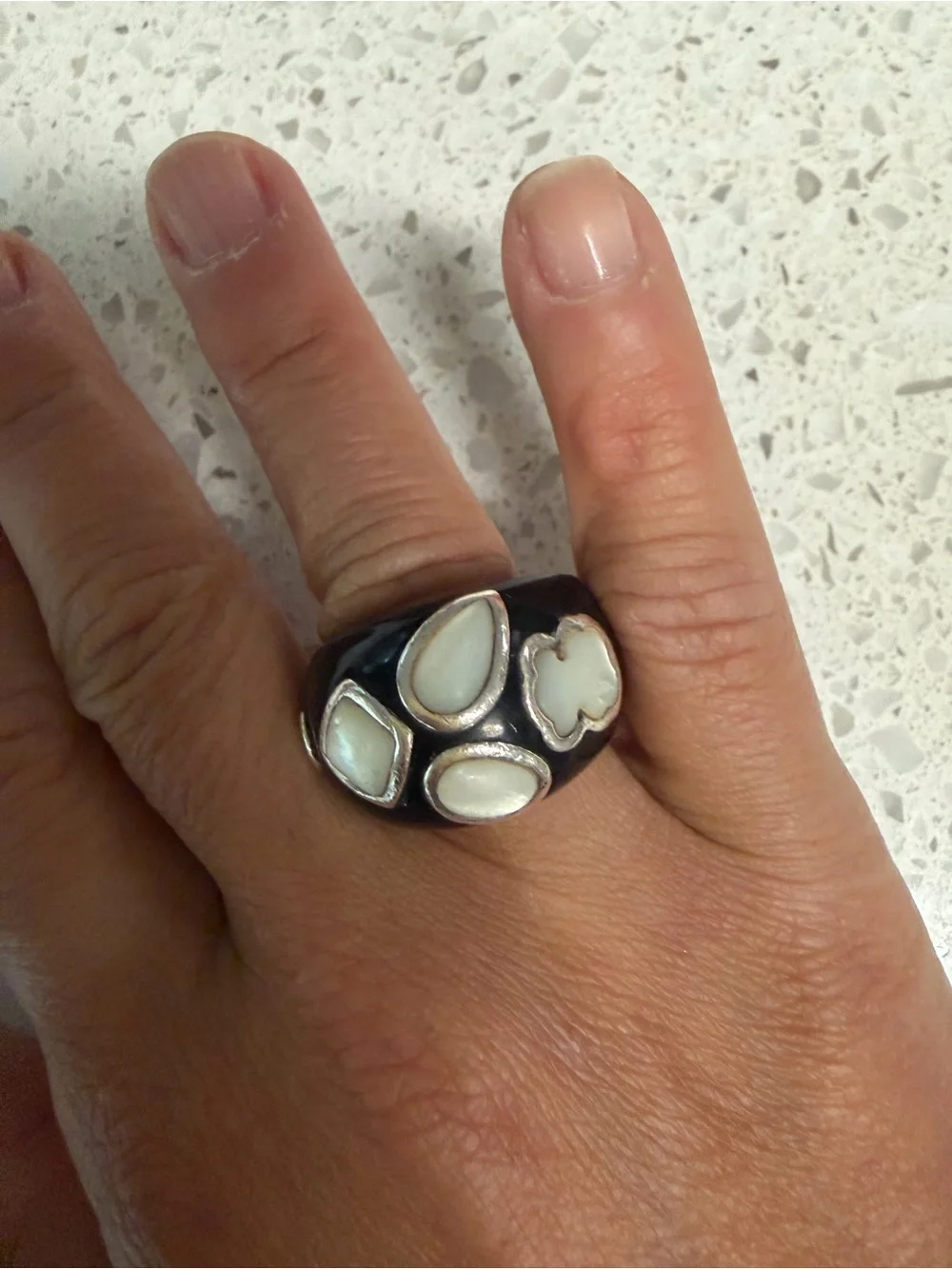 Authentic Tous Black Resin Ring with Mother-of-Pearl